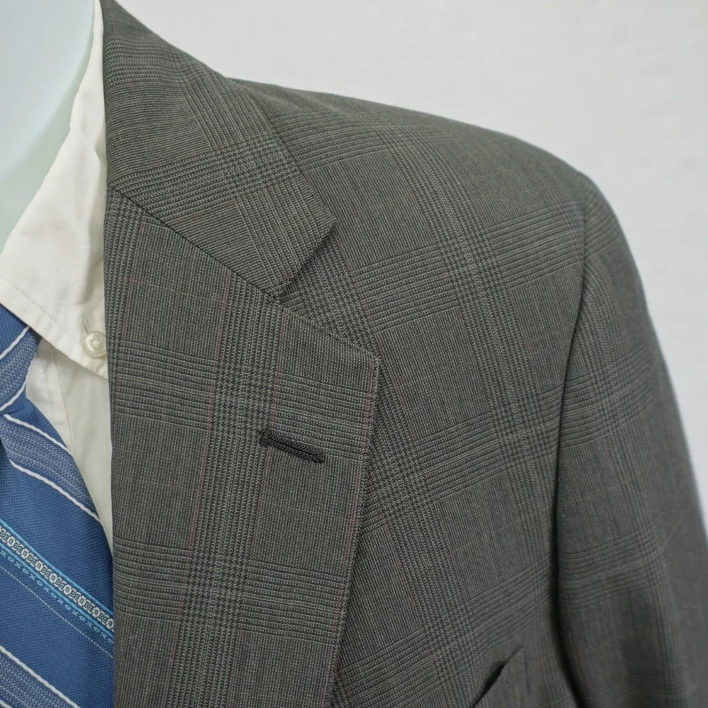 DAMAGED Jos A Bank Wool Green Plaid 2 Piece Suit 40R 35 / 31 W/ Orange Red Wind